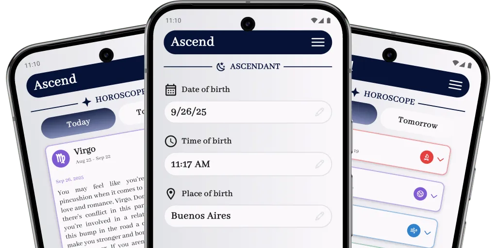 Ascend mobile app screenshot showing astrology and numerology features
